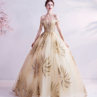 Champagne tulle beads long prom dress A line evening gown - Thumbnail 1