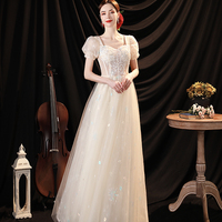 Champagne tulle sequins long prom dress evening dress - Thumbnail 1