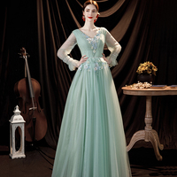 Green tulle lace long prom dress green evening dress - Thumbnail 1