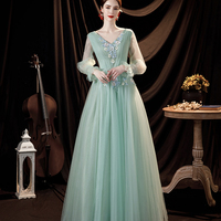 Green tulle lace long prom dress green evening dress - Thumbnail 3