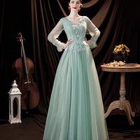 Green tulle lace long prom dress green evening dress - Thumbnail 5