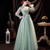 Green tulle lace long prom dress green evening dress - Thumbnail 8