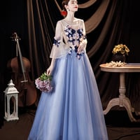 Blue tulle applique long prom dress blue evening dress - Thumbnail 1