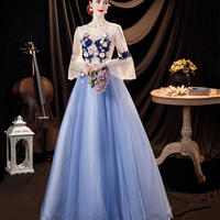 Blue tulle applique long prom dress blue evening dress - Thumbnail 2