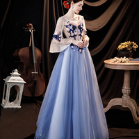 Blue tulle applique long prom dress blue evening dress - Thumbnail 3