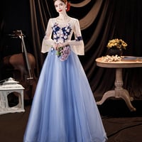 Blue tulle applique long prom dress blue evening dress - Thumbnail 4