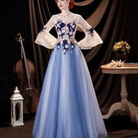Blue tulle applique long prom dress blue evening dress - Thumbnail 7
