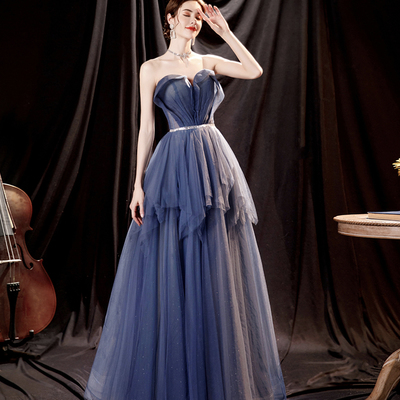 Blue tulle long a line prom dress blue evening dress - Thumbnail 3