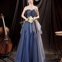 Blue tulle long A line prom dress blue evening dress - Thumbnail 1