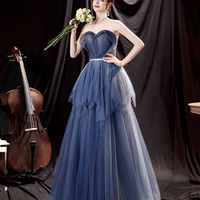 Blue tulle long A line prom dress blue evening dress - Thumbnail 2