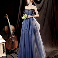 Blue tulle long A line prom dress blue evening dress - Thumbnail 4