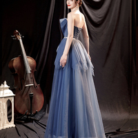 Blue tulle long A line prom dress blue evening dress - Thumbnail 6