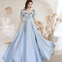 Cute satin long prom dress blue evening dress - Thumbnail 1