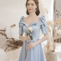 Cute satin long prom dress blue evening dress - Thumbnail 4