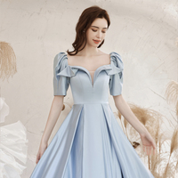 Cute satin long prom dress blue evening dress - Thumbnail 5