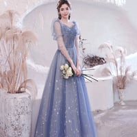Blue tulle long A line prom dress blue evening dress - Thumbnail 1
