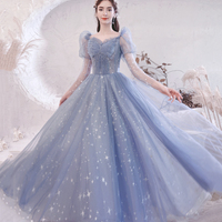 Blue tulle long A line prom dress blue evening dress - Thumbnail 3