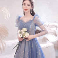 Blue tulle long A line prom dress blue evening dress - Thumbnail 5