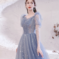 Blue tulle long A line prom dress blue evening dress - Thumbnail 6