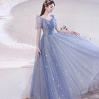 Blue tulle long A line prom dress blue evening dress - Thumbnail 2
