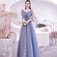 Blue tulle long A line prom dress blue evening dress - Thumbnail 7