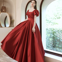 Red Satin Long A Line Prom Dress Red Evening Dress - Thumbnail 3
