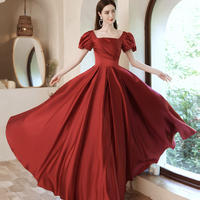 Red Satin Long A Line Prom Dress Red Evening Dress - Thumbnail 4