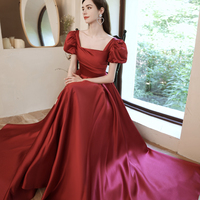 Red Satin Long A Line Prom Dress Red Evening Dress - Thumbnail 7