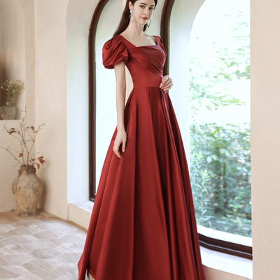 Red satin long a line prom dress red evening dress - Thumbnail 3