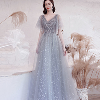 Gray tulle sequins long prom dress A line evening dress - Thumbnail 1