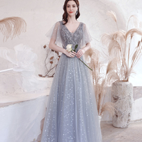 Gray tulle sequins long prom dress A line evening dress - Thumbnail 2