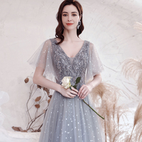 Gray tulle sequins long prom dress A line evening dress - Thumbnail 5