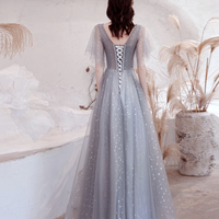 Gray tulle sequins long prom dress A line evening dress - Thumbnail 7