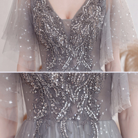 Gray tulle sequins long prom dress A line evening dress - Thumbnail 8