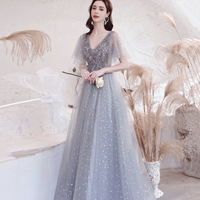 Gray tulle sequins long prom dress A line evening dress - Thumbnail 3