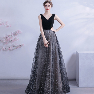 Elegant tulle sequins long prom dress black evening dress - Thumbnail 2