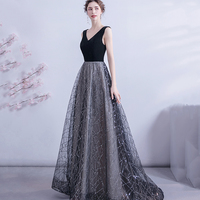 Elegant tulle sequins long prom dress black evening dress - Thumbnail 2