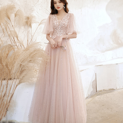 Pink tulle lace long prom dress pink evening dress
