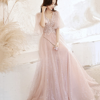 Pink tulle lace long prom dress pink evening dress - Thumbnail 1