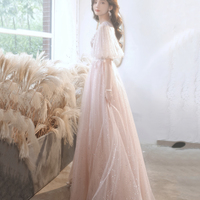Pink tulle lace long prom dress pink evening dress - Thumbnail 2