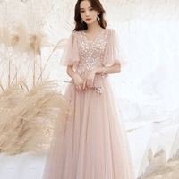 Pink tulle lace long prom dress pink evening dress - Thumbnail 3