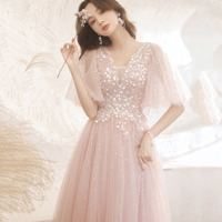 Pink tulle lace long prom dress pink evening dress - Thumbnail 4