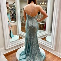 2022 Fashion Sage Green Sequins Prom Dress with Slit - Thumbnail 1
