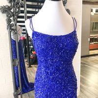 Sparkly Mermaid Scoop Neck Royal Blue Sequins Long Prom Dresses with Slit - Thumbnail 1
