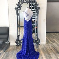 Sparkly Mermaid Scoop Neck Royal Blue Sequins Long Prom Dresses with Slit - Thumbnail 2