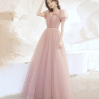Cute tulle long prom dress pink A line evening dress - Thumbnail 1