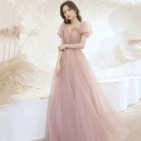 Cute tulle long prom dress pink A line evening dress - Thumbnail 2