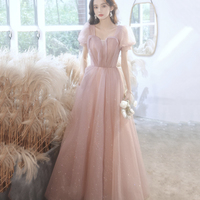 Cute tulle long prom dress pink A line evening dress - Thumbnail 3