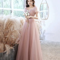 Cute tulle long prom dress pink A line evening dress - Thumbnail 4