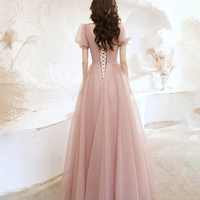 Cute tulle long prom dress pink A line evening dress - Thumbnail 5